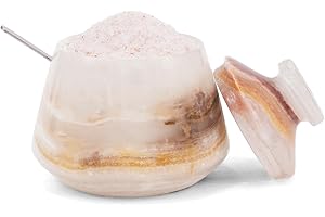 Marble Tumbler Salt Cellar with Lid and Spoon White Onyx– Kitchen Storage Container for Cooking, Elegant Countertop Keeper.