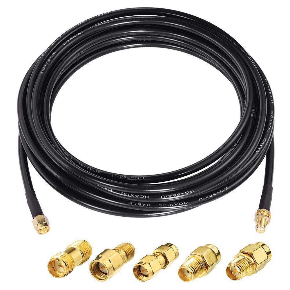 Superbat SMA RG58 WiFi Antenna Extension Cable 10m Male to Female 50ohm Coax Cable with 5Pcs Adapters for 2G/3G/4G/5G LTE Antenna, Wireless Router, Gateway Modem, Security Camera, Ham Radio