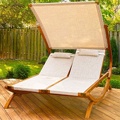 Amazon Com Leisure Season Drl7157 Double Reclining Lounge Chair With Canopy Brown 1 Piece Wood Chaise Patio Furniture Outdoor Bench Lawn Chairs With 2 Pillow Cushions For Pool