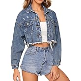 LONGYIDA Women's Cropped Denim Jacket | Distressed Button-Down Jean Jacket | Long Sleeve Ripped & Frayed Blue Coat