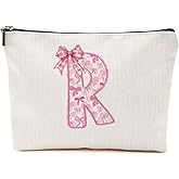 MQBMQB Pink Bow R, Alphabet Makeup Bag for Women, Washable Travel Organizer Toiletry Cosmetic Bag, Coquette Bow Letter Pattern Large Capacity Makeup Pouch with Zipper, Christmas Gifts for Women