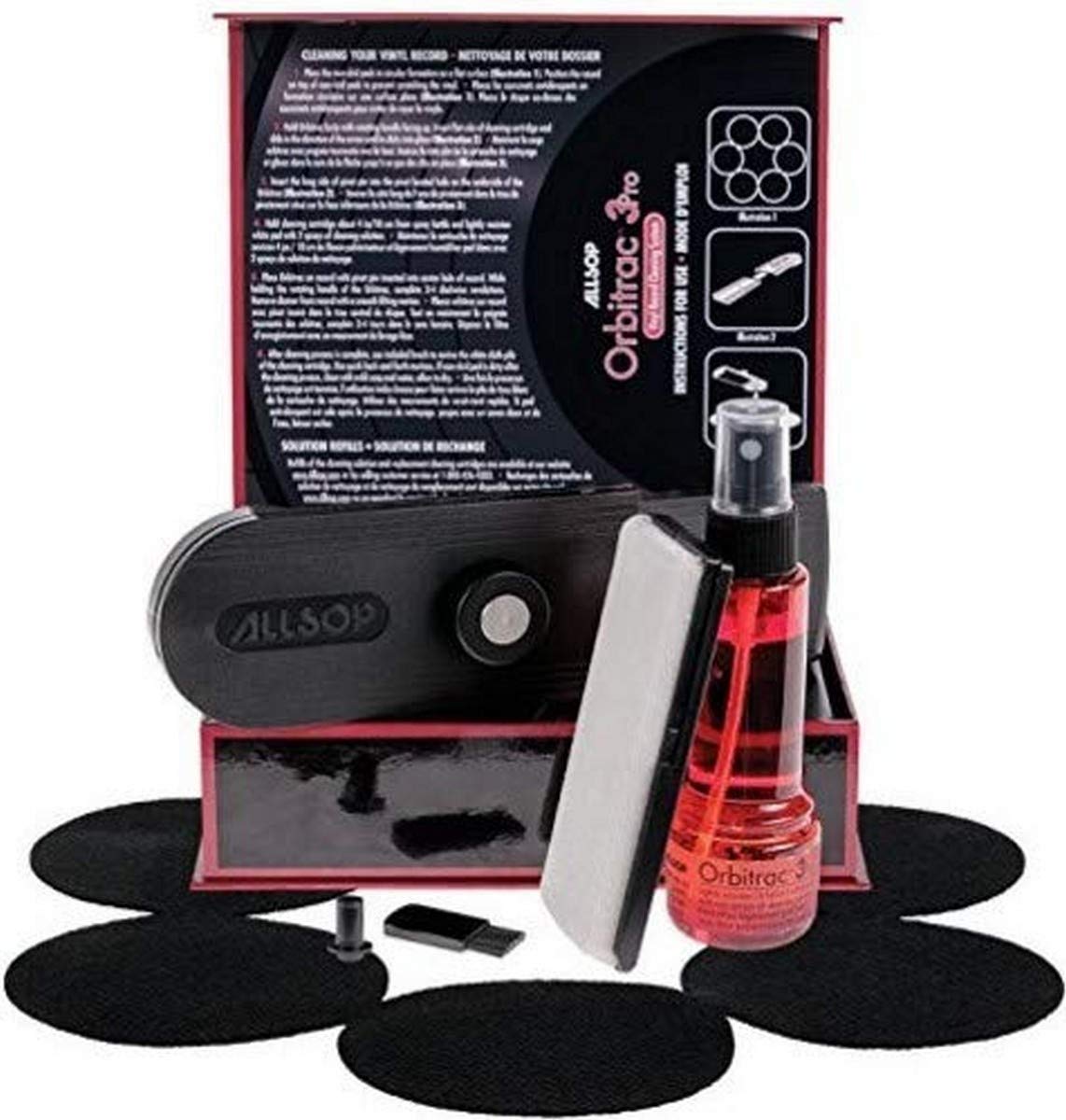 Allsop Orbitrac 3 Pro Vinyl Record Cleaning System, 2X Cleaning Cartridges, Protective Non-Skid Pad, Cleaner Fluid, Reviving Brush, and Storage Case (31735), Black