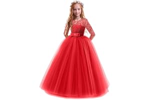IBTOM CASTLE Girls Flower Vintage Floral Lace 3/4 Sleeves Floor Length Dress Wedding Party Evening Formal Pegeant Dance Gown