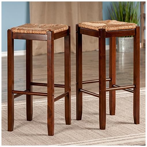 Winsome 2 Piece Bar Stools Rush Seat Kaden Set, Walnut Beachfront Decor