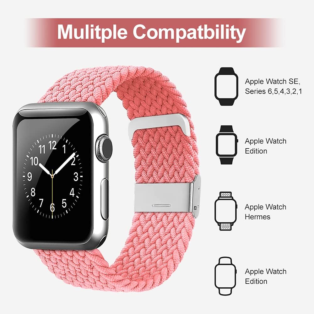 WZS Adjustable Extra Length Nylon Braided Solo Loop Watch Band Compatible with Apple Watch 38/40MM,Pink