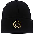 AJG Beanie Hats for Men,Unisex Smile Face Embroidered Acrylic Soft Warm Winter Cuffed Knit Hats for Women
