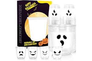 Xuelimei 12oz White Black Ghost Halloween Disposable Plastic Cups Happy Halloween clear Cups for Party Supplies Coffee, Beer, Drinks, Ice Cream, Snack and More (50)