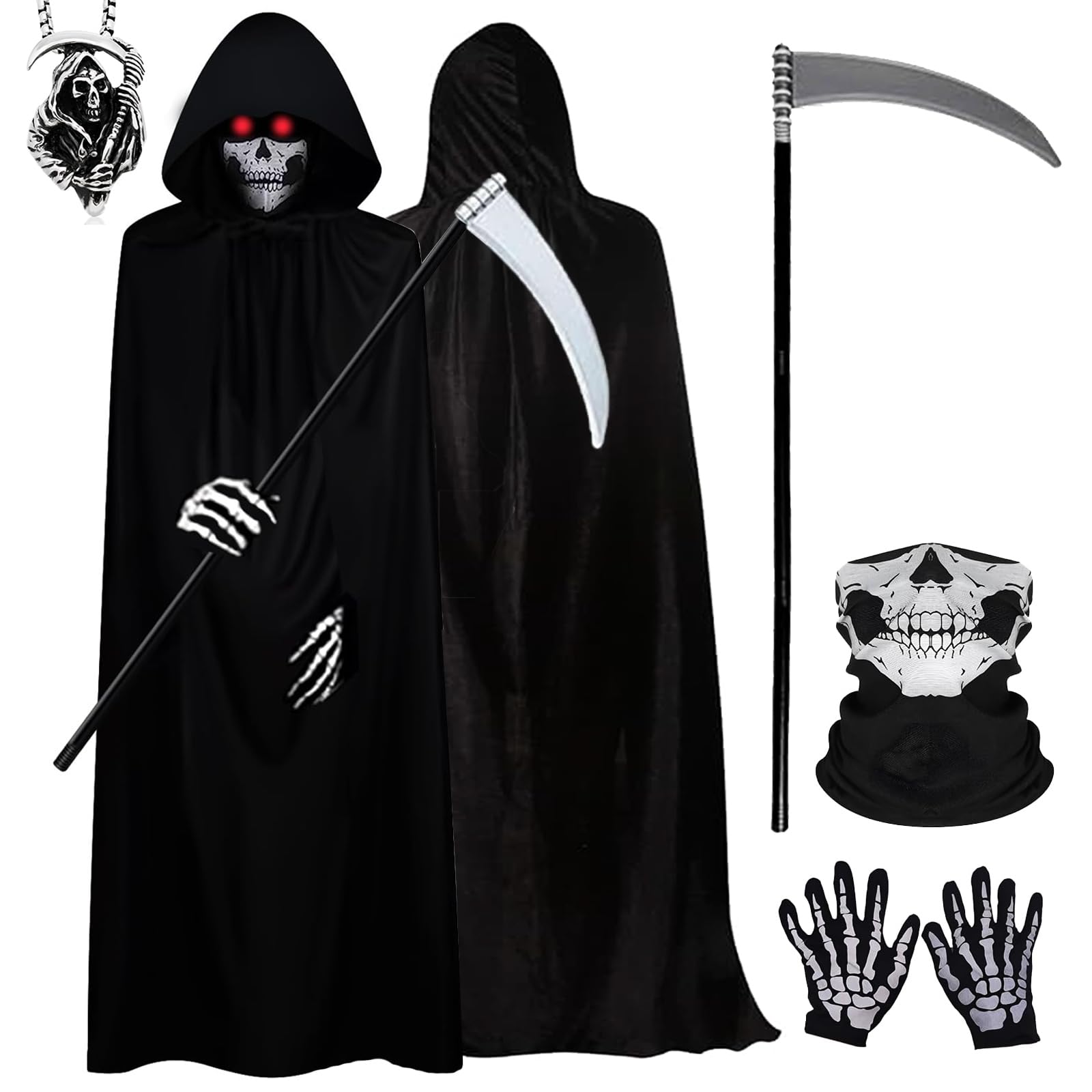 Tbczvx 5 Pcs Grim Reaper Costume, Grim Reaper Cloak, Halloween Costumes Black Cloak Hooded Cape Scythe Skeleton Gloves Skeleton Mask Necklace Set for Cosplay Outfits Party Dress for Women Men