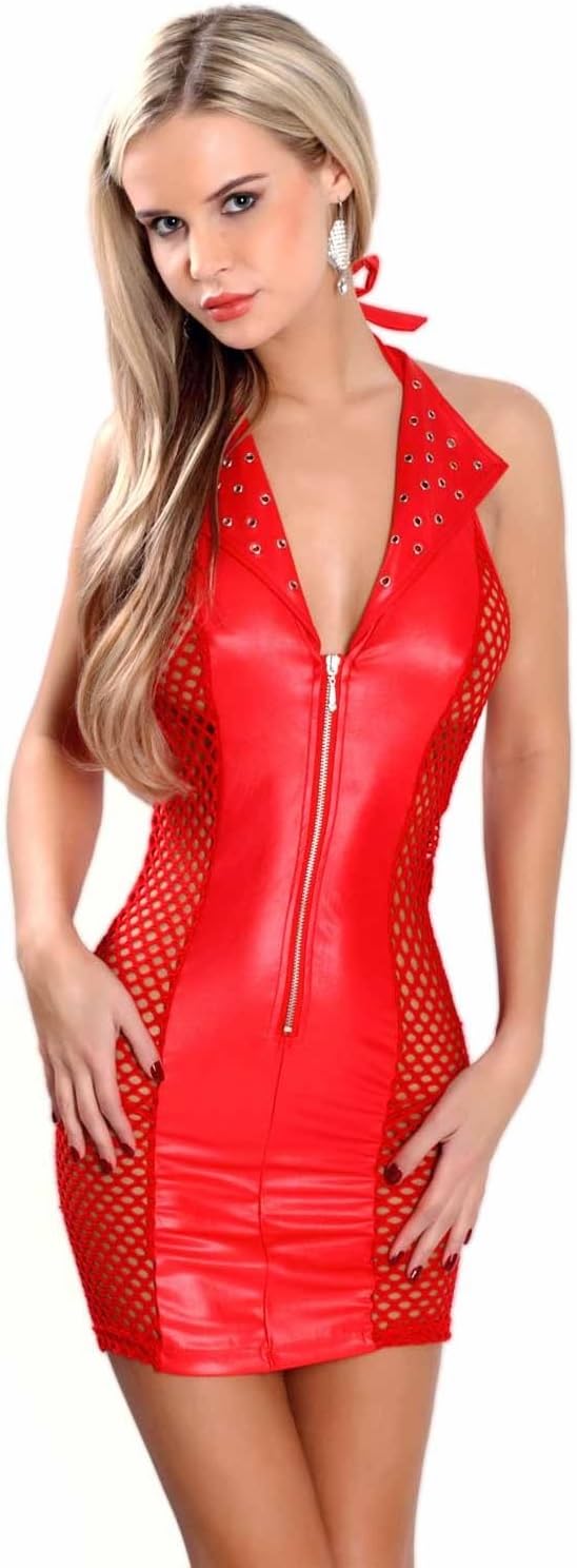 Women's Mini Dress in Wetlook S-3XL Clubwear Party Dress Mesh Inserts V-Neck Leather Look