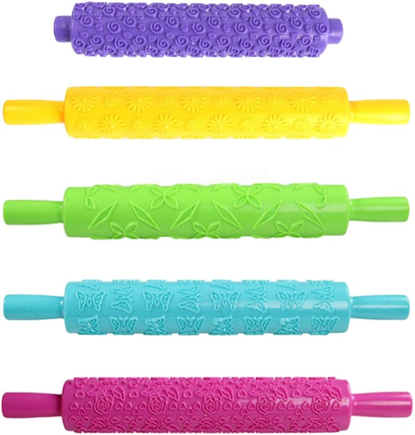 Aimyoo Set of 5pcs Colorful Plastic Embossed Textured Patterned Fondant Rolling Pins Cake Decorating Tool