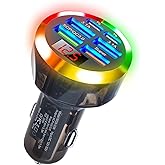 Super Fast Charge USB C Car Phone Charger Adapter 6 in 1 with Voltage Display 250W Multi Port Cigarette Lighter USB Charger with Volt Meter for iPhone 16 15 Pro Max 14 Plus 13 Samsung Android Phone