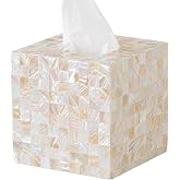 5.9&rdquo; Mother of Pearl Tissue Box Cover for Kleenex and More &ndash; Handcrafted Square Tissue Holder with Sliding Bottom &ndash; Decorative Napkin Dispenser for Bathroom, Bedroom, Kitchen, Office