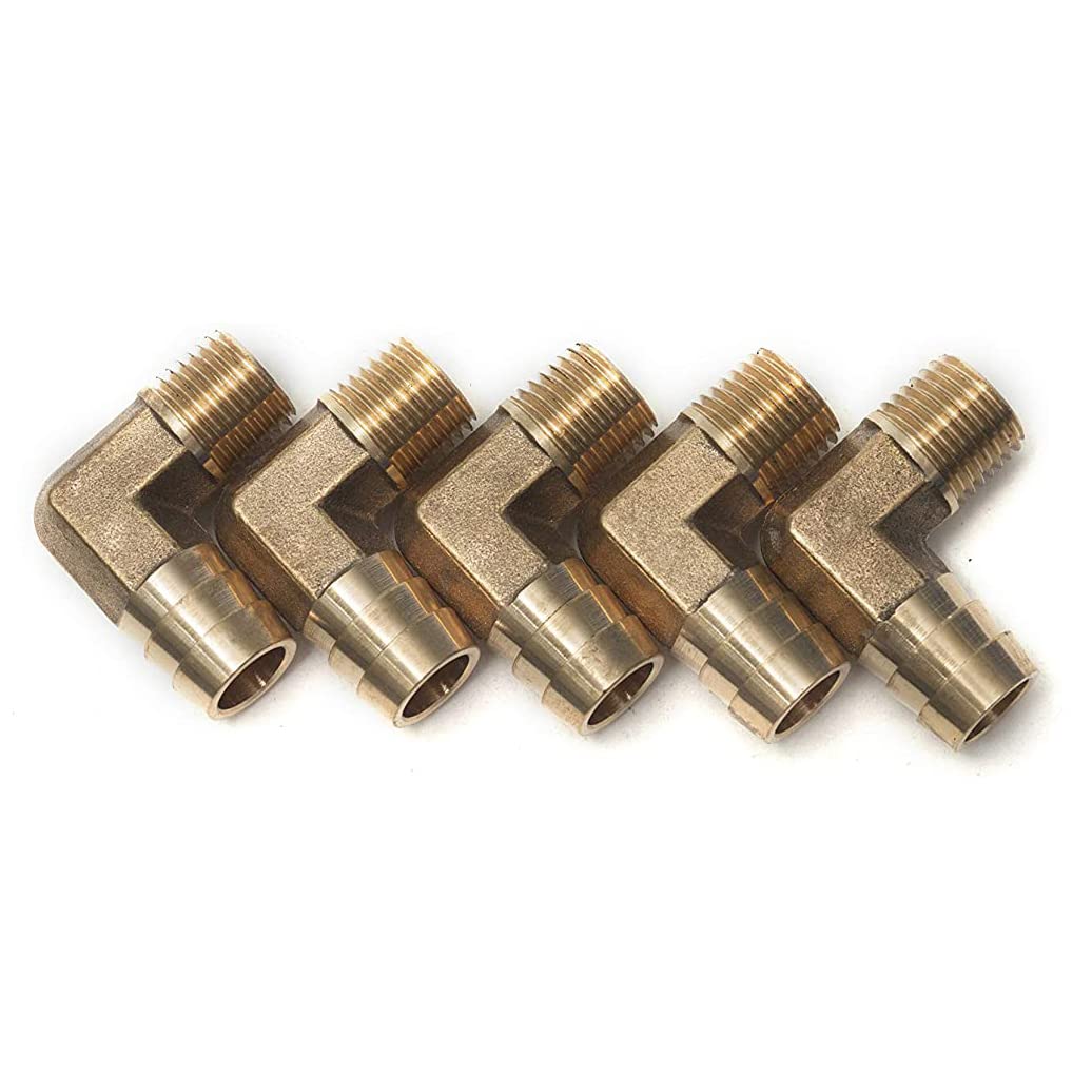 LTWFITTING 90 Deg Elbow Brass Barb Fitting 1/4-Inch Male BSP x 12mm ID Hose(Pack of 5)