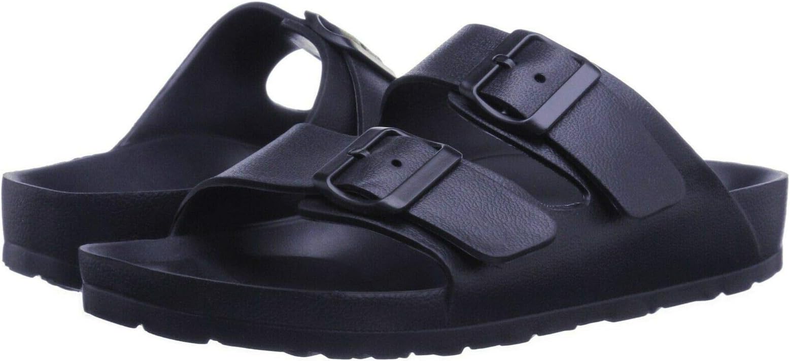 Toson Men's Women's Comfort Slides Double Buckle Adjustable EVA Flat Sandals Flip Flops Slippers (5 Women, Navy)