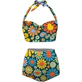 Annejudy Women Two Piece Bikini Set Swimsuit Halter Ruched High Waist Bikini with Bottom