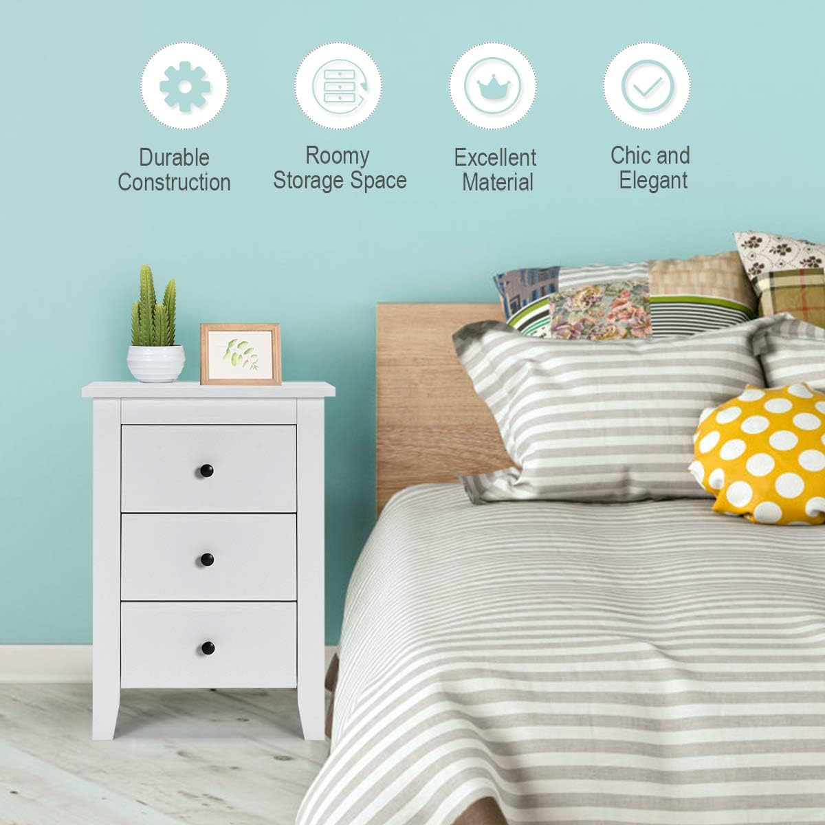 Giantex Nightstand W/ 3 Drawers Large Storage Space, Solid Structure and Stable Frame, Elegant Appearance, Suitable for Bedroom and Bedsides Table Accent Table End Table (2): Kitchen & Dining