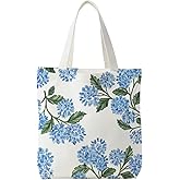 NATSUNO Blue Hydrangea Floral Canvas Tote Bag, Rustic Botanical Floral Aesthetic Canvas Tote Bag for Women, Reusable Grocery Bags Shopping Bags