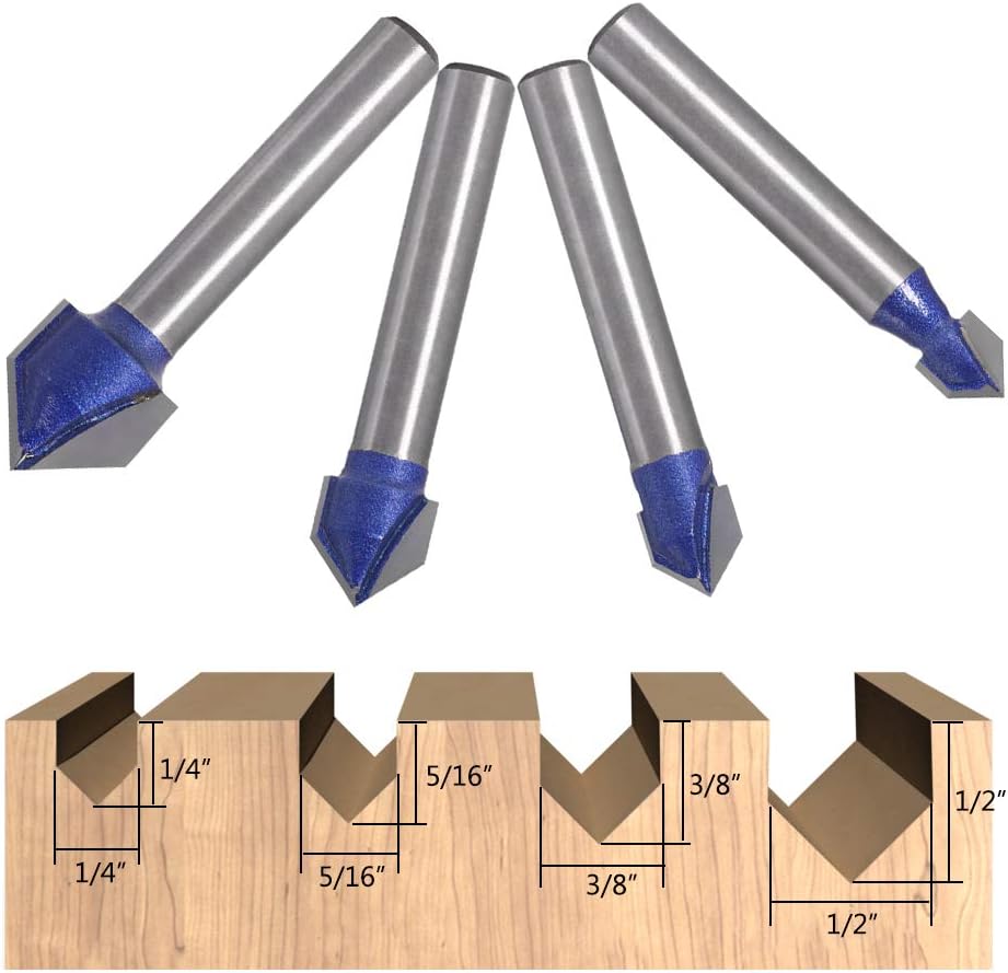 Gasea 4pcs 1/4 Inch Shank 90 Degree V Groove Router Bit Set CNC Engraving V Grooving Woodworking Milling Cutter Tool 1/4" 5/16" 3/8" 1/2" - Image 5