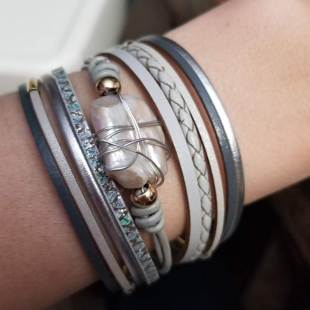 AZORA Womens Leather Cuff Bracelet Baroque Pearl Wrap Bracelets Gorgeous Gold Tube Bangle Handmade Wristbands Jewelry Bohemian Gift for Women, Teen Girls, Mother: Clothing