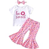 Lamuusaa Toddler Baby Girls Birthday Outfits Sweet One/Two Sweet Romper Shirts Doughnut Shorts/Flared Pants Headband Set