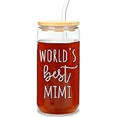 Dvehdbay Mimi Mug - Mimi Gifts for Grandma, Tumbler Glass Cup with Lid and Straw, Best Birthday Mothers Day Cups Tumbler Gifts, 16 Oz World’s Best Glass Straw Cup