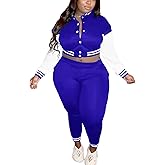 Casual Plus Size 2 Piece Sets for Women Patchwork Button Down Varsity Jackets Pants Set Sweatsuit Tracksuit