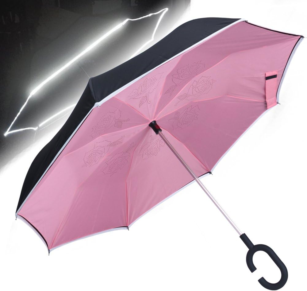 Inverted Umbrella with Reflective Stripe, Self Stand and C Shape Handle Hands Free, UV Protection & Windproof & Waterproof