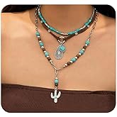 Navirix Boho Layered Necklaces for Women Western Turquoise Beaded Leather Necklace Vintage Cactus Pendant Necklaces Country Concert Cowgirl Dresses Accessory