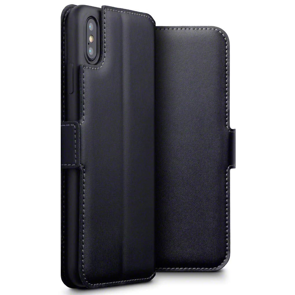 TERRAPIN iPhone XS Max Case iPhone XS Max GENUINE LEATHER Low Profile Wallet Case - Slim Fit - Viewing Stand - Card Slots - Black