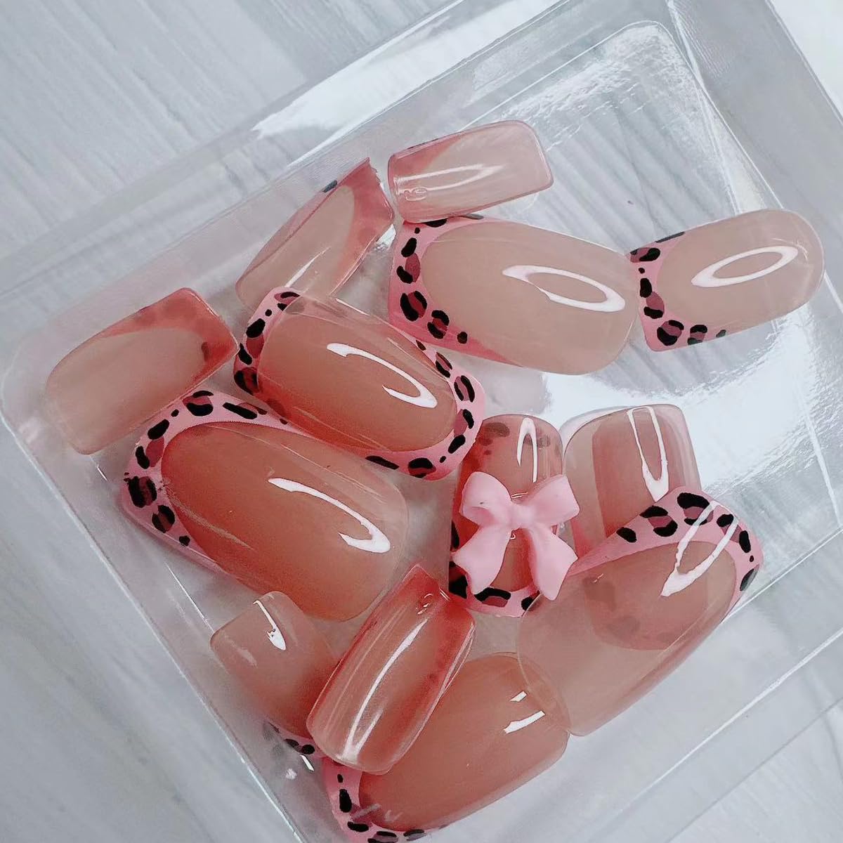 24Pcs Leopard French Tip Press on Nails Short Square Fake Nails Pink Glossy Bow Designs Full Cover Nude Glue on Nails Cute False Nails Stick on Nails for Women Girls Medium Manicure Decorations - Image 2