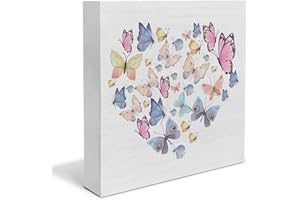 BIFEZ Watercolor Butterfly Heart Wooden Box Sign Farmhouse Colorful Butterfly Wood Box Sign Spring Art Blocks Desk Shelf Tabletop Home Decor 5 X 5 Inch