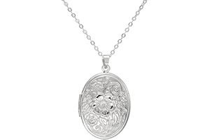 HMOOY Locket Necklace, Engraved Heart Shaped Locket Pendant Necklace That Holds Pictures Personalized Photo Locket Necklace M