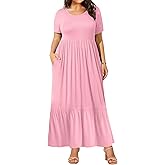 BASQDOV Plus Size Dresses for Women Summer Casual Short Sleeve Crewneck Aline Swing Flowy Tiered Maxi Long Dress with Pockets