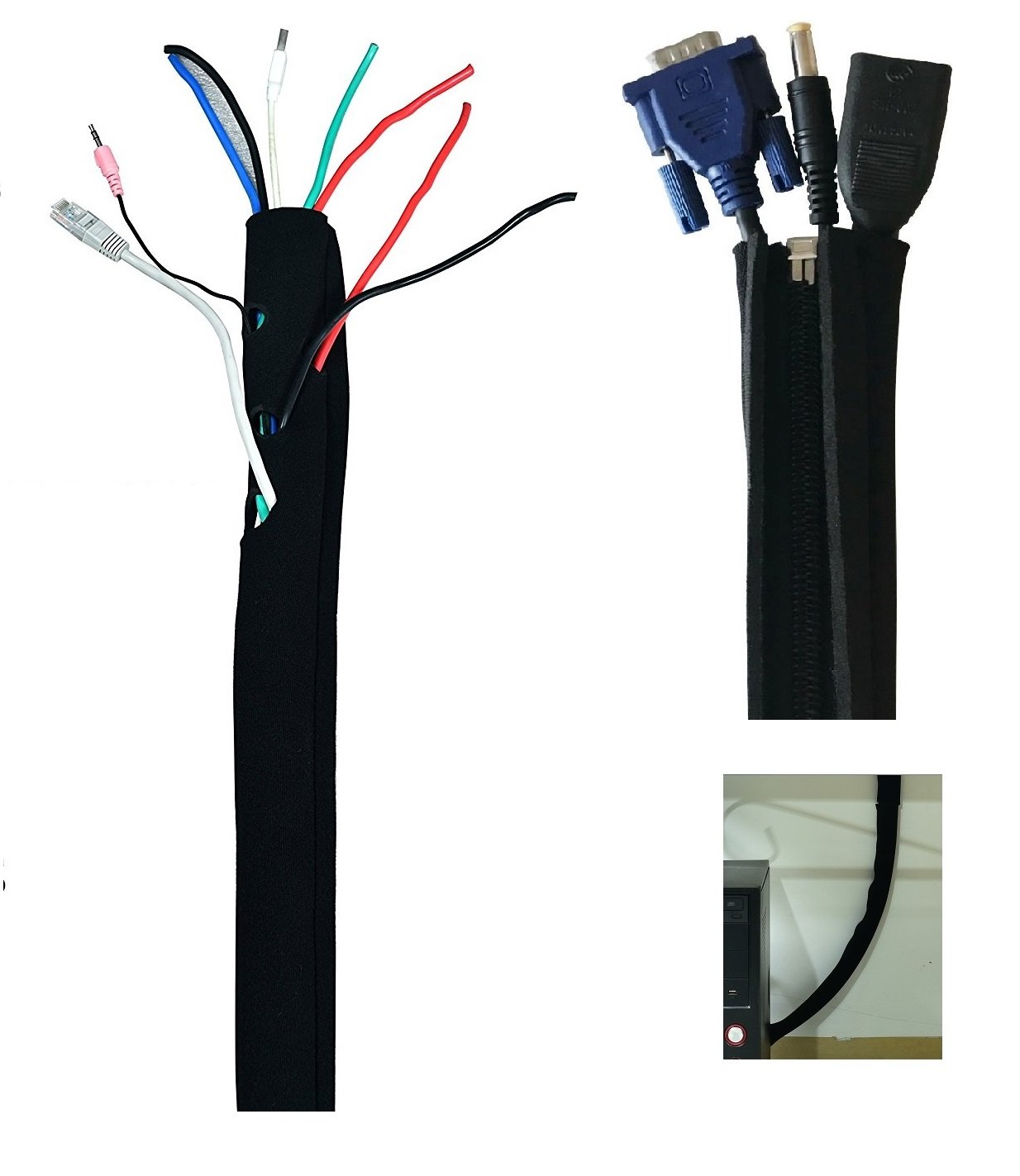 Cable Management Sleeve, Flexible Cable Organizers with Zipper for TV /Computer, 19.5 Inch Black Cord Covers ，4 Packs