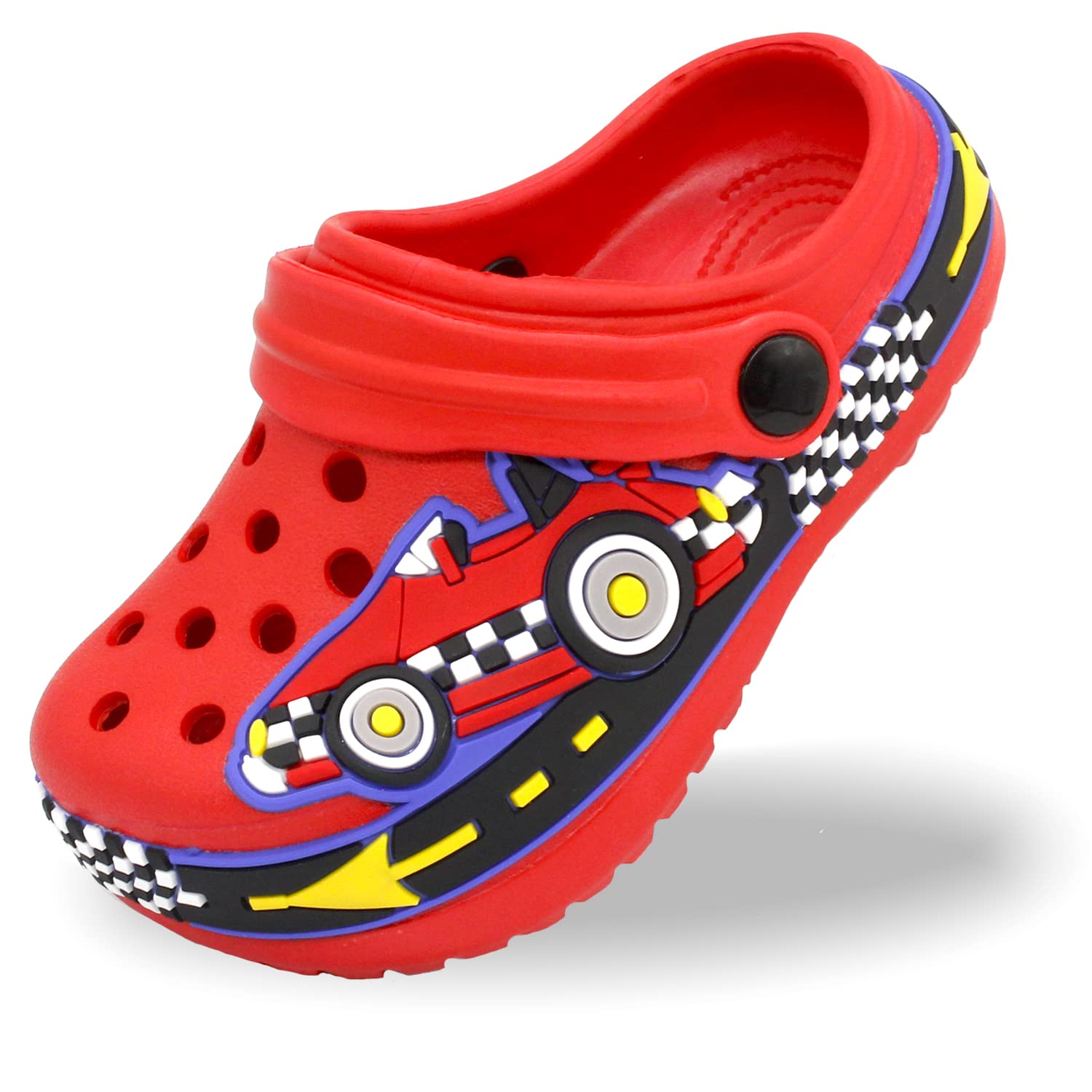 Photo 1 of FolHaoth Toddlers Clogs EVA Cute Cartoon Excavator Racecar Pattern Boys Girls Clogs Slip on Lightweight Breathable Kids Clogs Sandals Non Slip Indoor Outdoor Beach Pool Shower Slippers Shoes C-red