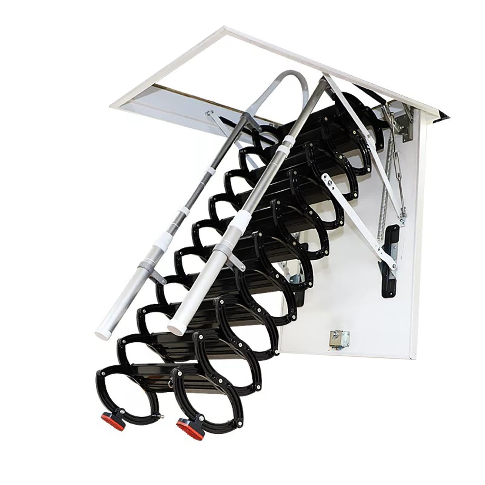 Photo 1 of Ceiling Mount Attic Ladder, Retractable Attic Ladder Ceiling Pull Down System, 12 Steps Folding Loft Step with Armrests, Hidden Mount Attic Extension Stairs for Garage(Black, Step 12)