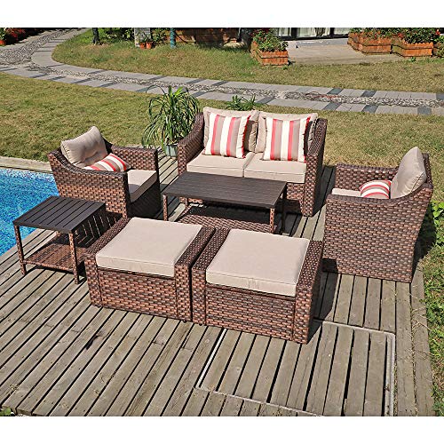 SUNSITT Outdoor Patio Ottoman Set Of 2 - All-Weather Rattan Footstools With Grey Olefin Cushions