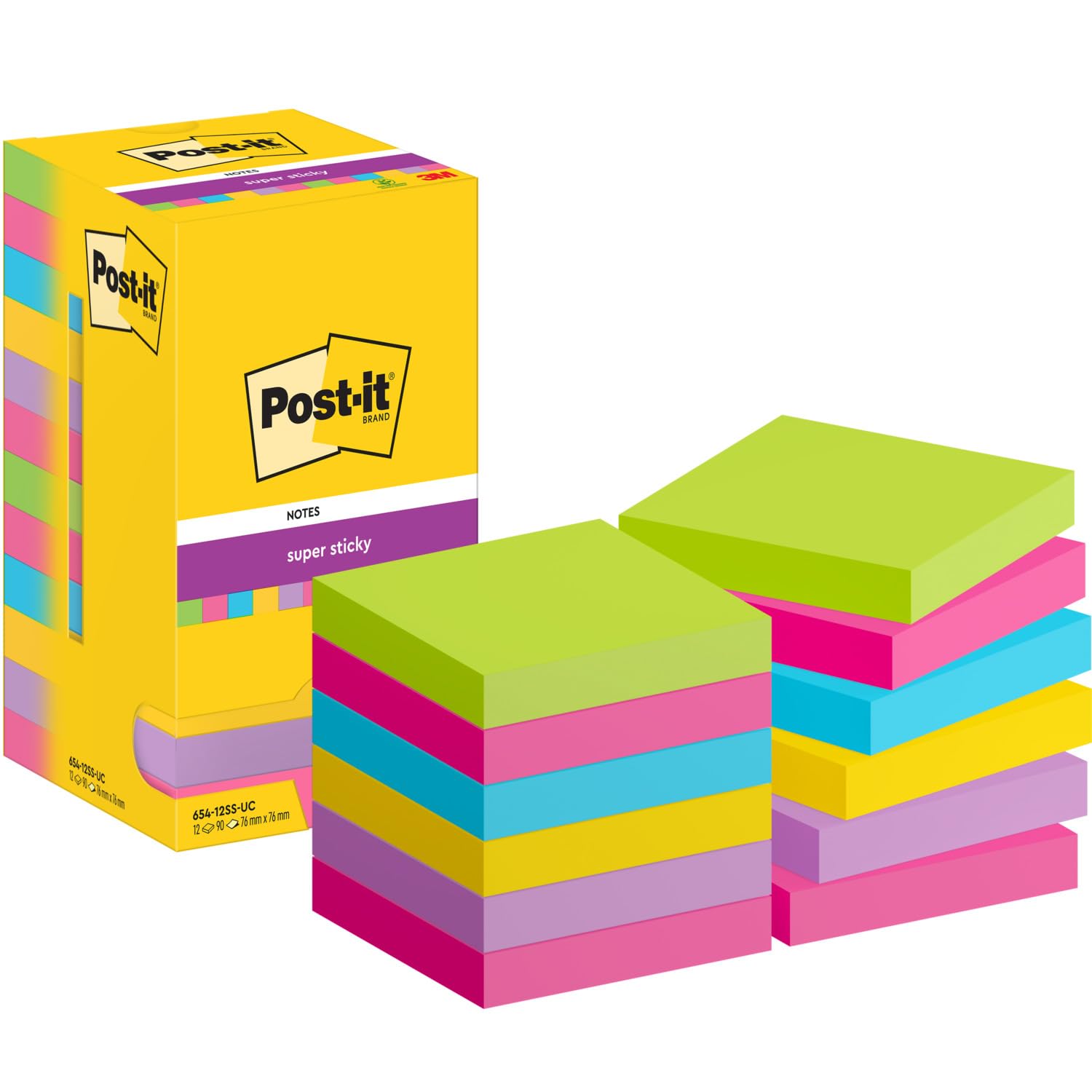 Post-it Super Sticky Notes, 1080 Sheets, Value Pack of 12 Pads, 76 mm x 76 mm - Holds Strong to Many Surfaces - Assorted Colours - for Walls, Monitors and Fridge, Recycable