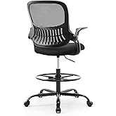 Sweetcrispy Drafting Desk Chair - Ergonomic High Stool Computer with Adjustable Height and Comfy Lumbar Support, Office Rolling Counter with Flip-up Arm and Footrest, Black