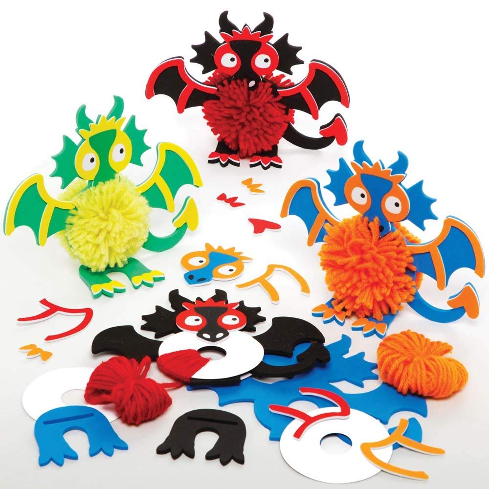 Baker Ross Dragon Pom Pom Kits - Pack of 3, Arts and Craft Kit, Crafts for Kids (FE247)