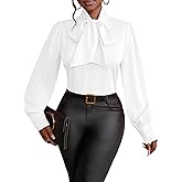 Vrtige Women's Elegant Bow Tie Neck Long Sleeve Blouse Office Shirt Top