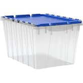 Akro-Mils KeepBox 12 Gal Storage Box, Lid Attached, Stackable, Clear/Blue | 12 Gallon Plastic Storage Container, Nesting and Stackable, Clear Tote for Garages, Closets, Moving, 21-1/2" x 15" x 12-1/2"