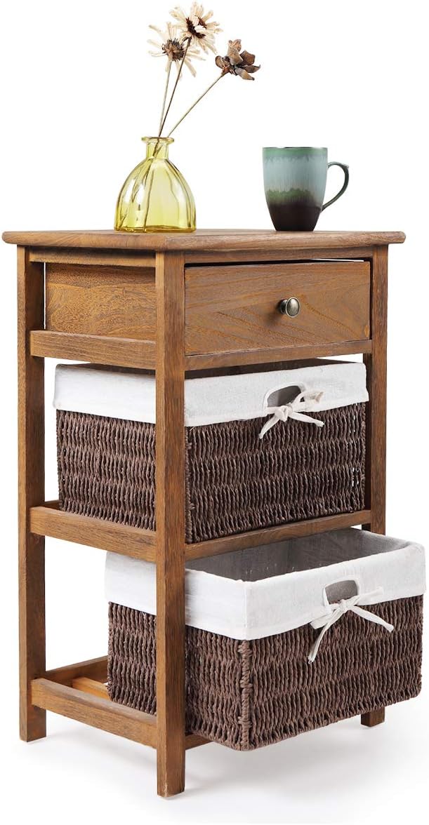2 Wicker Rattan Drawers Bedroom Bedside Nightstand Wooden End Table Cabinet Storage