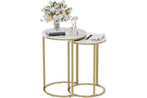 Wisfor Marble Nesting Table White: Set of 2 Round Sofa End Tables Sintered Stone Tabletop Golden Metal Legs Nesting Accent St