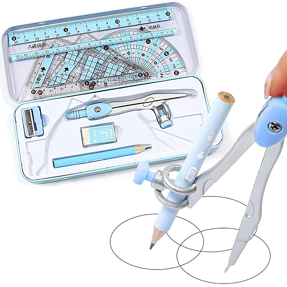 8 Piece Set Maths Set For Kids,Drawing Ruler Set,Math Tool Set,Geometry Sets For School,Protractor Set Blue,Compass, Ruler, Protractor, Suitable For School, Office, Home, Student, Mathematics