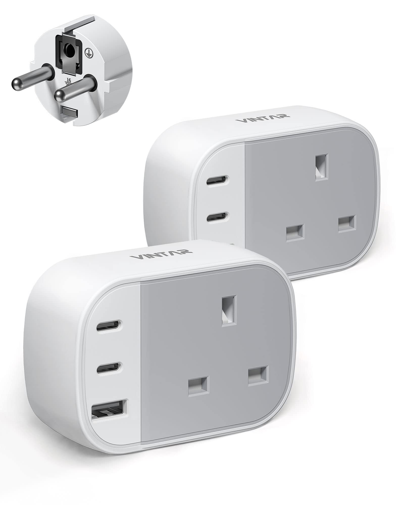 UK to European Plug Adapter, VINTAR Grounded Europe Travel Adapter with 2 USB C 1 USB A Ports, Travel Plugs UK to EU for Germany France Spain Greece Turkey Poland and More (Type E/F),2 Packs