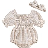 ZAXARRA Infant Baby Girl Plaid Romper Baby Pleated Romper Ruffle Festival Bodysuit Spring Summer Clothes with Headband