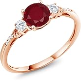 Gem Stone King 10K Rose Gold Red Ruby White Created Sapphire and White Diamond Accent 3-Stone Engagement Ring For Women | 1.14 Cttw | Round 6MM | Wedding Engagement Anniversary Ring