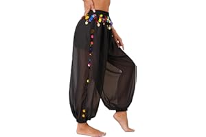 YOOJOO Women's Belly Dance Costume Coin Lantern Pants Side Split Sequin Shiny Harem Pants Arabic Halloween Trousers