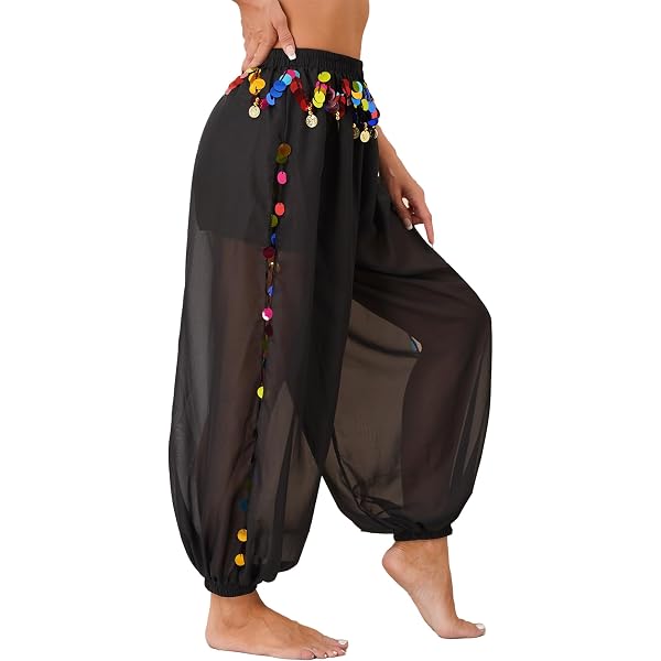 MUNAFIE Belly Dance Harem Pants - Tribal Arabic Pants With Gold Trim, Adjustable Waist (US 0-14)